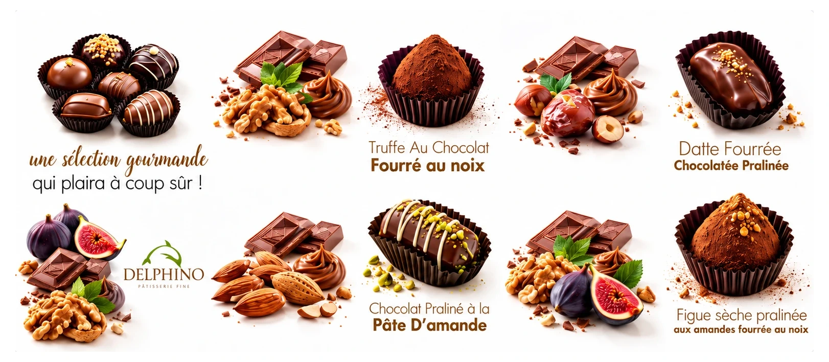 Gamme chocolat Delphino : truffe, datte fourrée, praliné pâte d’amande, figue sèche pralinée